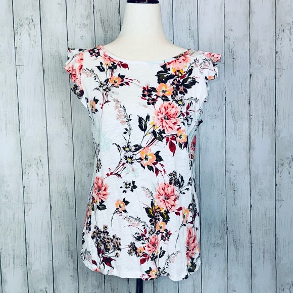 Ann Taylor LOFT Vintage | Soft Floral Ruffle Sleeve Tee (100% Cotton) - Picture 1 of 8